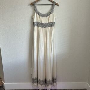 Adrianna Papell Evening Womens Cream Silver Silk Beaded Maxi Dress Wedding